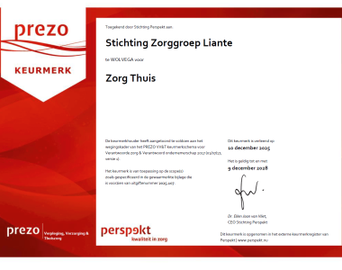 Certificaat van het Prezo keurmerk voor Liante